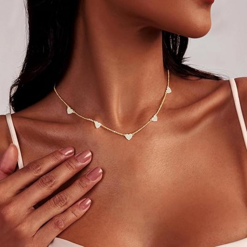 Dainty Heart Station Necklace for Women, 18K Gold Plated CZ Heart Chain Necklace, Minimalist Collarbone Jewelry Gift for Her