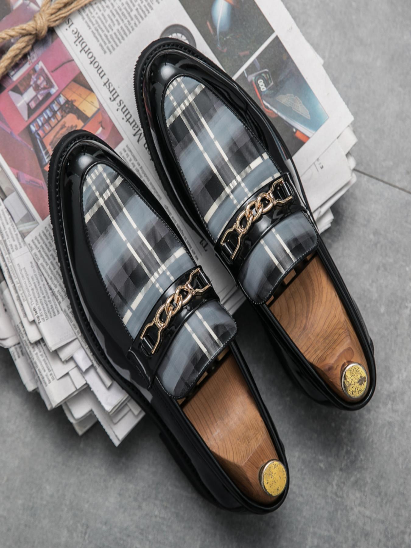 Men's Fashionable Tartan Pattern Chain Decor Loafers, Casual Comfortable Slip-on Shoes for Daily Wear, Fashion Shoes for Party, Daily Clothing Decor
