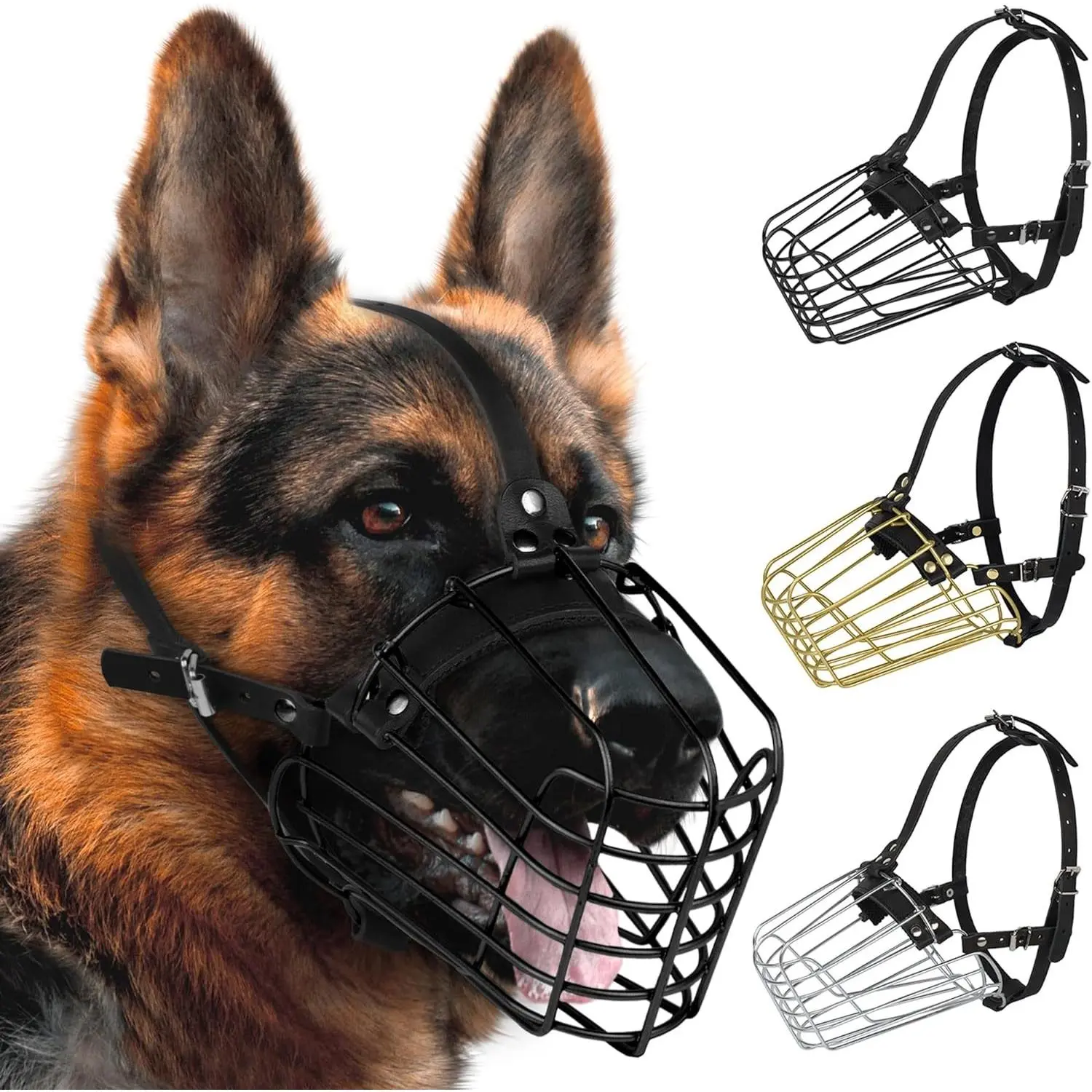 German Shepherd Metal Frame Dog Muzzle for Medium/Large Dogs, Adjustable Strap, Durable Leather, Secure Fit, Prevents Bite (Black, L-Size)