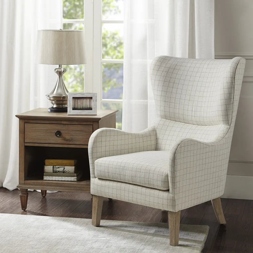 Nokaa Ari Swoop Wing Chair – Modern Accent Armchair with Curved Wingback, Upholstered Single Seater for Living Room, Bedroom, Office, Beige Solid Wood