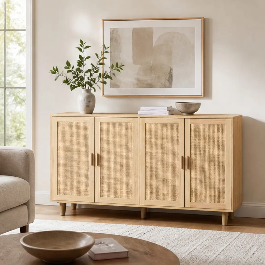 ARCH Decorative Arch Cabinet - 62.2in Tall 4-Door Rattan Adjustable Storage Cabinet, Crafted Natural Particle Board with Easy Assembly, Large Capacity for Living Room, Bedroom, Natural Color Options, Adjustable Storage Cabinets, Crafted Cabinets