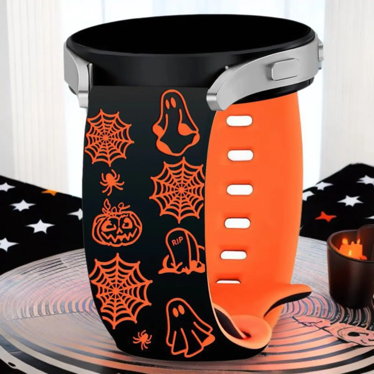 Halloween Engraved Dual-Colors Silicone Sport Watch Strap, Spooky Print Ghost & Pumpkin Accessories, Quick-Fit for 20mm & 22mm DIY Bag Accessories