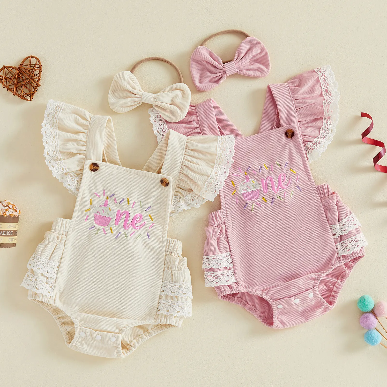 Infant Baby Girls My First Birthday Romper Cake Embroidery Flying Sleeve Bodysuit Headband 0-18 Months