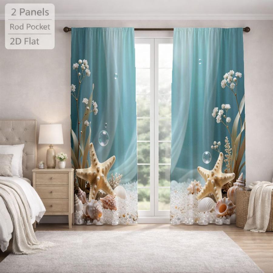 2Pcs Ocean Style Starfish Seashell Bubble Pattern Sun Blocking Curtains Digital Printed Rod Pocket, Window Treatment For Bedroom Office Kitchen Living Room Study Home Decor