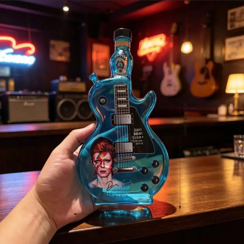 Blue Guitar Shape Glass Decanter, Hand Blown High Borosilicate Glass, Whiskey Bottle, Music Lover Gift, Rock Bar Decor, 390ML Capacity