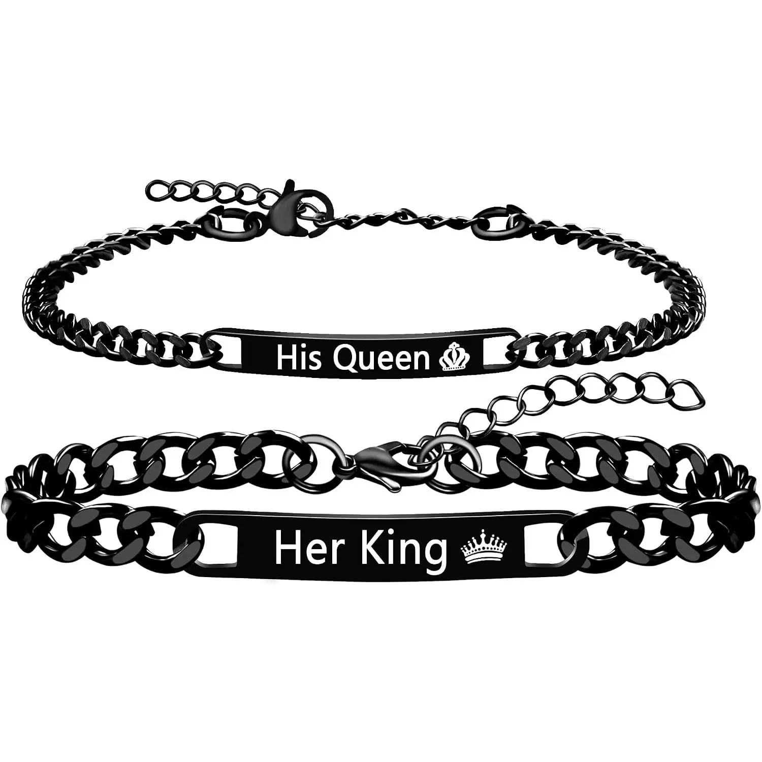 2 count Personalized Stainless Steel Chain Couple Bracelets His and Her Matching Adjustable   for Couples, Long Distance Relationship Engraved Bracelets Set for Men Women YA5889
