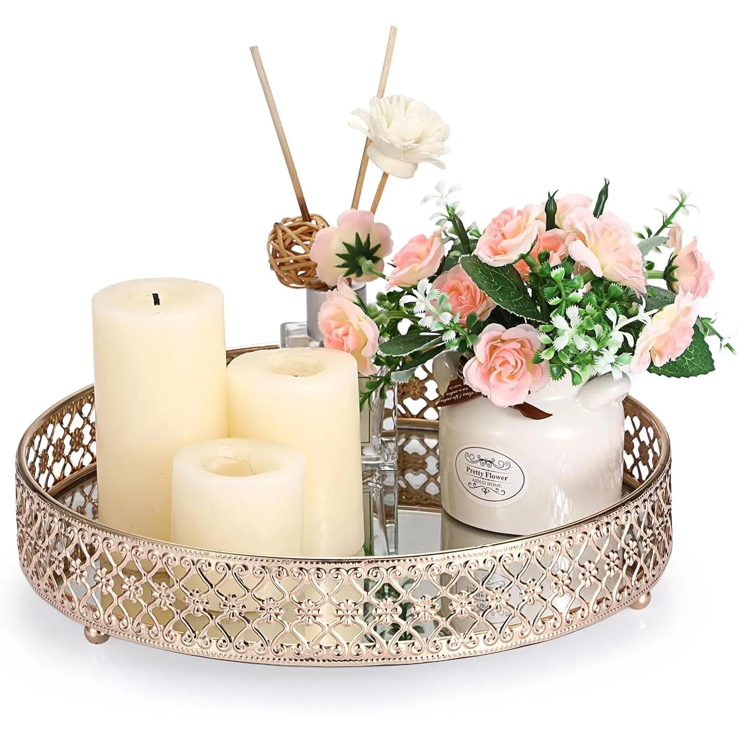 ELLDOO Gold Mirror Glass Vanity Tray for Bathroom, 9.8 Inch Decorative Tray |   Metal Jewelry Storage Candle Holder, Cosmetic Perfume Organizer for Dresser Bedroom Coffee Table Centerpiece Home Decor