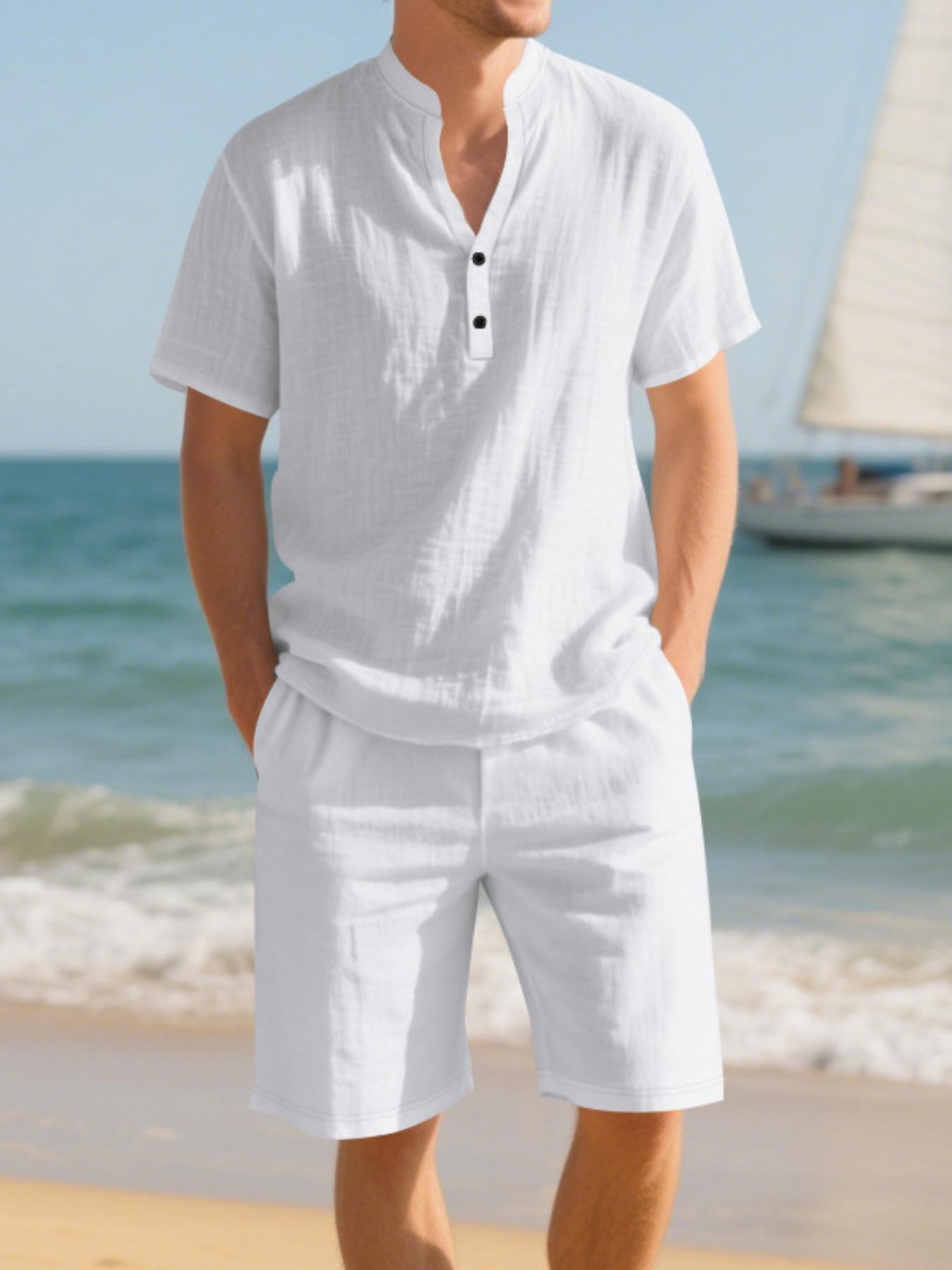 Men's Trendy Casual Linen 2-Piece Set, Henry Neck Shirt & Shorts, Summer Beach Vacation Style, Easy Match for Beach & Daily Wear