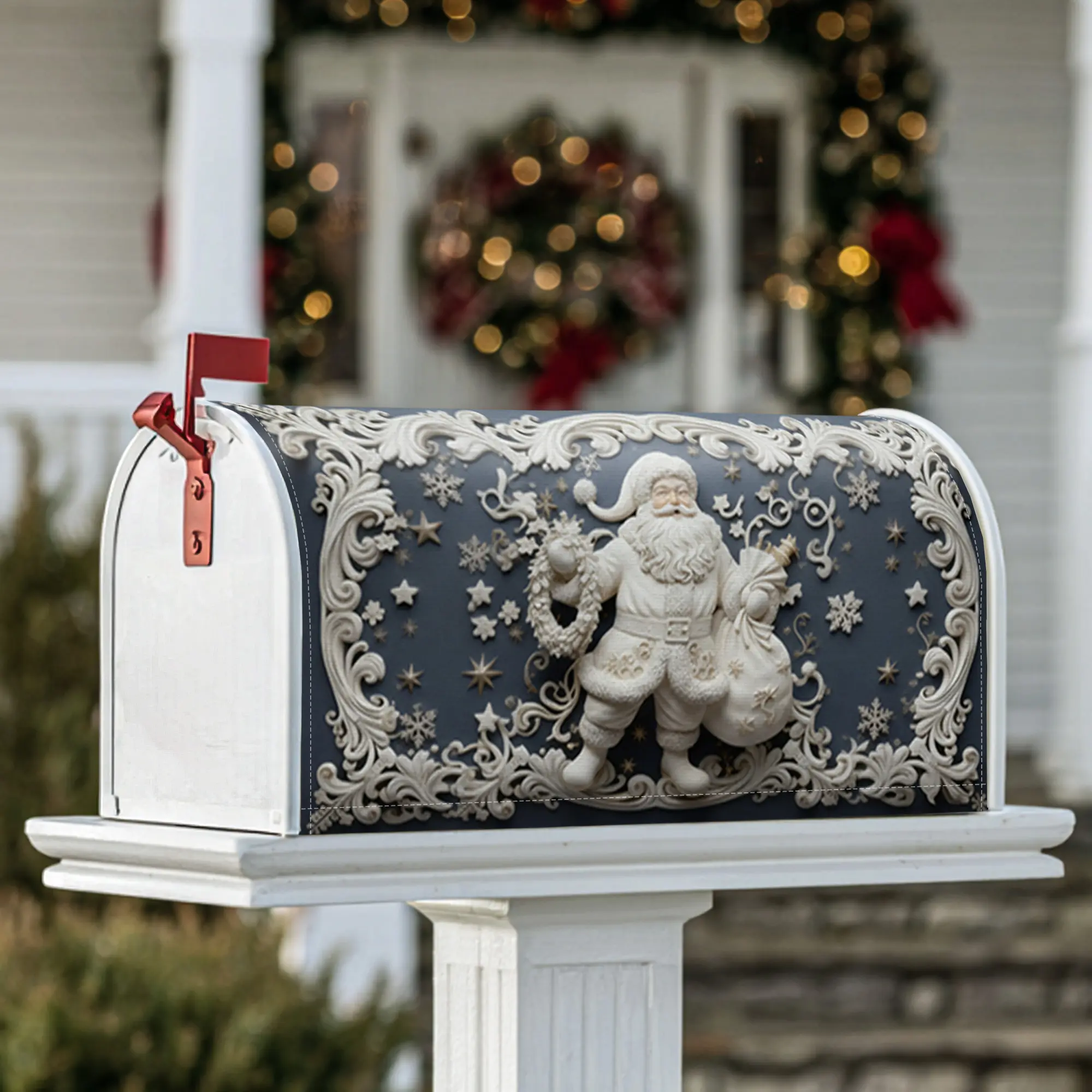 Santa Claus Magnetic Mailbox Covers, Christmas festive snowflakes stars Christmas navy blue Mailbox Wraps for Lawn Decoration