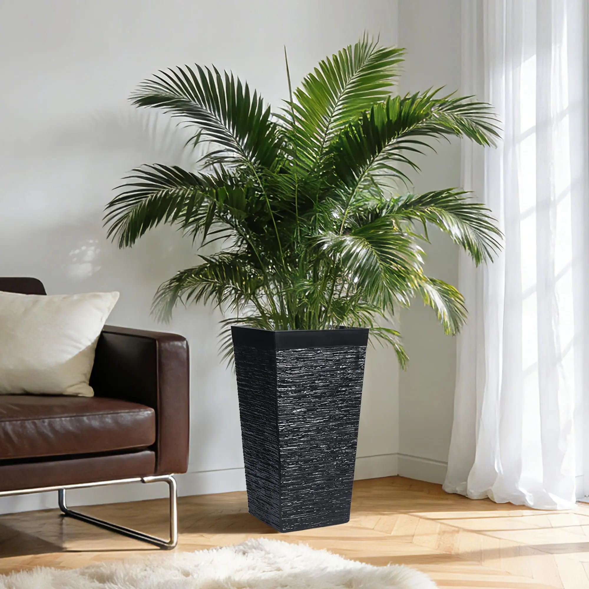 Set of 3 Tall Modern Outdoor Planters – Large Rectangular Pots with Drainage Holes & Wheels for Indoor & Outdoor Use – Garden, Patio, Porch