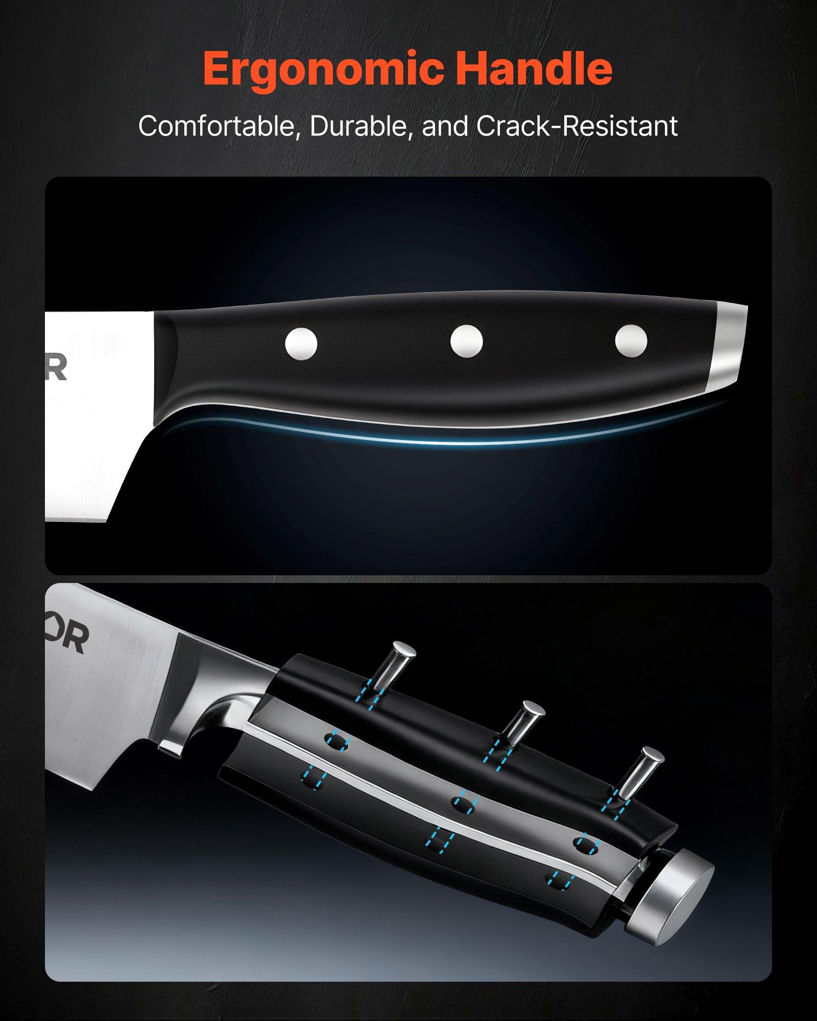 VEVOR 15-Pcs High Carbon Stainless Steel Knives Set with Premium Wooden Block, Sharpener, Steak Blade, Ergonomic Handle and Sharpening Rod for Home Cooks VEVOR 15-Pcs High Carbon Stainless Steel Knives Set with Premium Wooden Block, Sharpener, Steak Blade, Ergonomic Handle and Sharpening Rod for Home Cooks