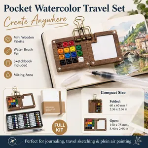 Mini Watercolor Travel Paint Set, Portable Pocket Watercolor Palette Kit with Vibrant Colors, Sketchbook, Water Brush Pen, Compact Travel Art Supplies for Plein Air Painting, Journaling, Students, Beginners & Artists