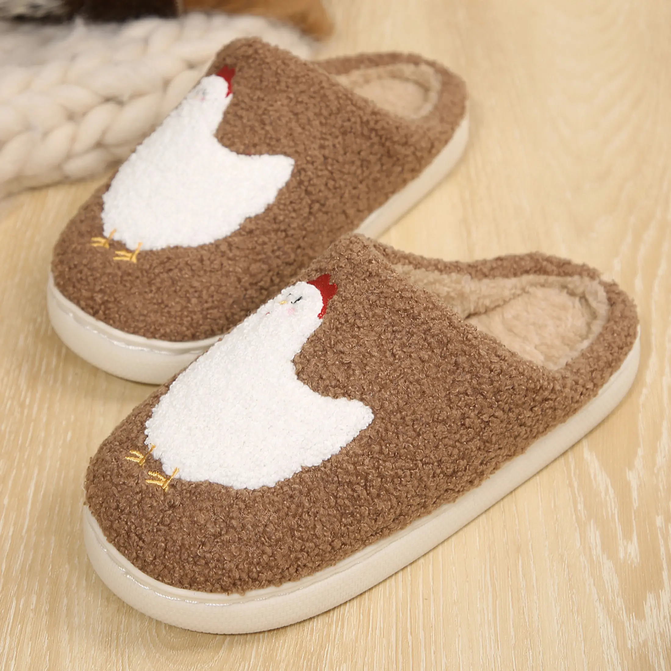 Womens Cozy Velvet Slippers Chick Graphic Indoor Soft Warm Comfortable House Slippers Non-Slip Cushioned