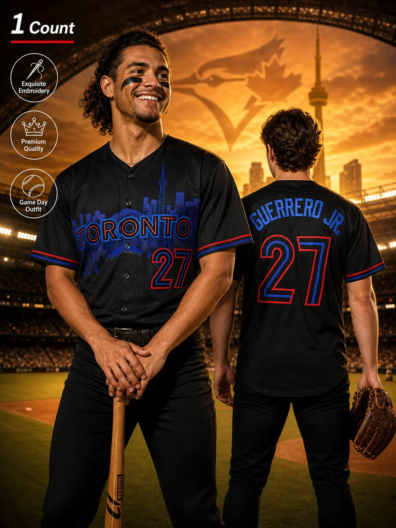 Men's #27 Embroidered Toronto Short Sleeve Baseball Shirt, Breathable High Quality Fabric, Suitable for Outdoor & Casual Wear, All-Seasons Unisex Streetwear