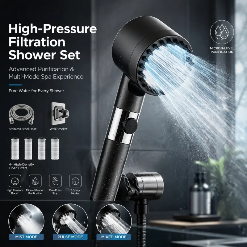 High Pressure Filter Shower Head Set, Showerhead With Filter, featuring multi-mode spray for spa, with 5 spare filters, stainless steel hose, drill-free bracket, optimizes hard water, creates soft mist, deeply cleans skin