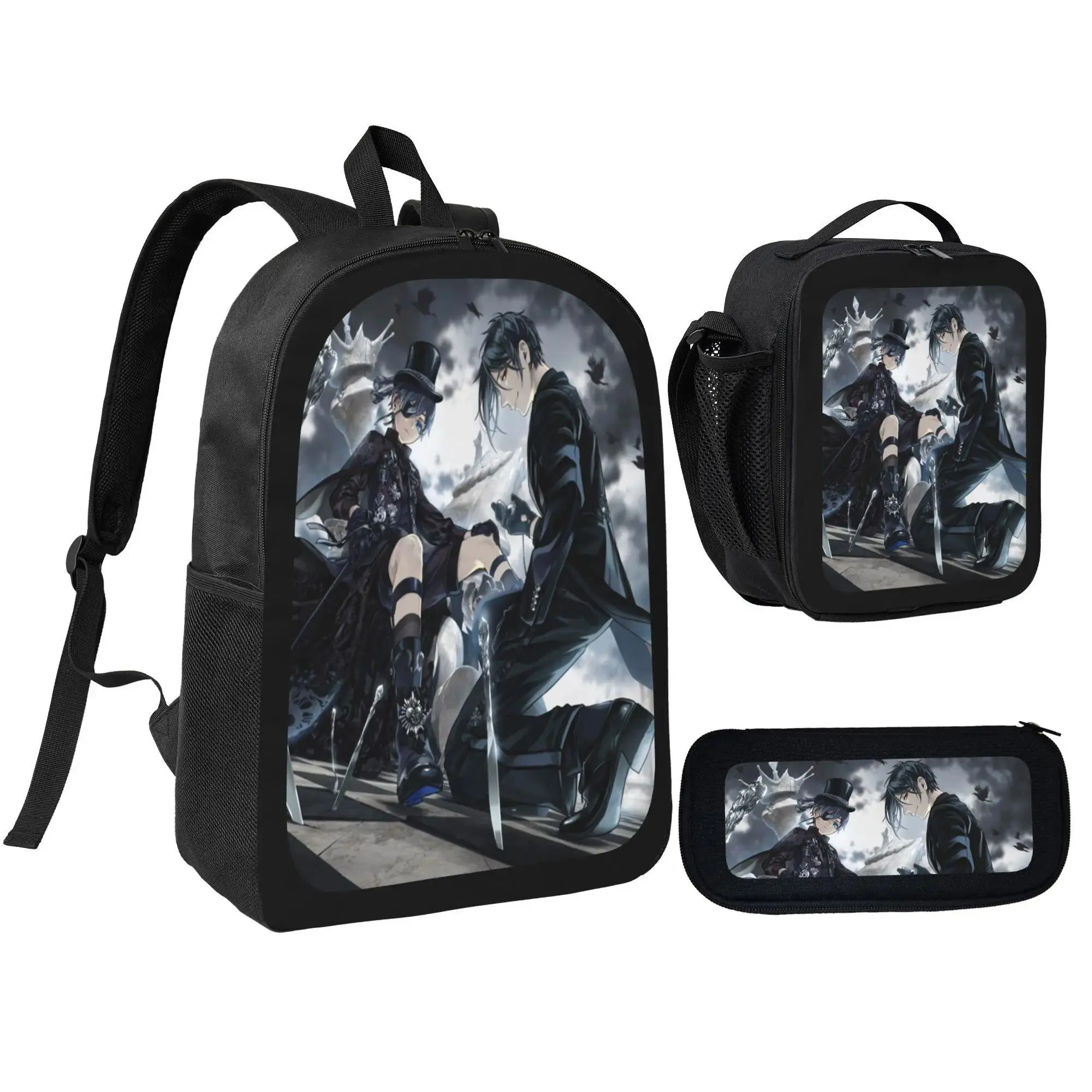 Black Butler Unisex 3-in-1 Printed Backpack Set - Synthetic Zipper School Bag Combo with Insulated Lunch Bag, Pencil Case, Lightweight Casual Daypack for Anime Fans' Daily Use