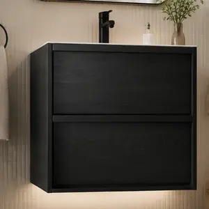ARCH 24 Inch Bathroom Vanity Cabinet Wall Mounted Floating Storage Unit with Two Drawers Matte Black MDF Modern Bathroom Furniture for Small Space Organization, Matte Black Color Options, MDF Material, Product Dimensions: 17.91 W x 23.23 D x 19.69