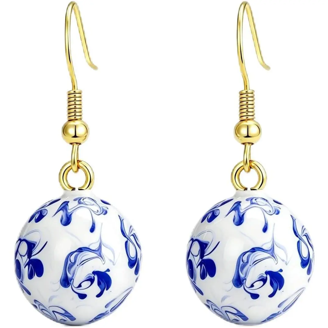 Blue White Porcelain Earrings 18K Gold Plated Ceramic Earring Chinese Vintage Hand-painted Flower Pattern Ceramic Unique Design Drop Earring Chinese Jewelry for Mother