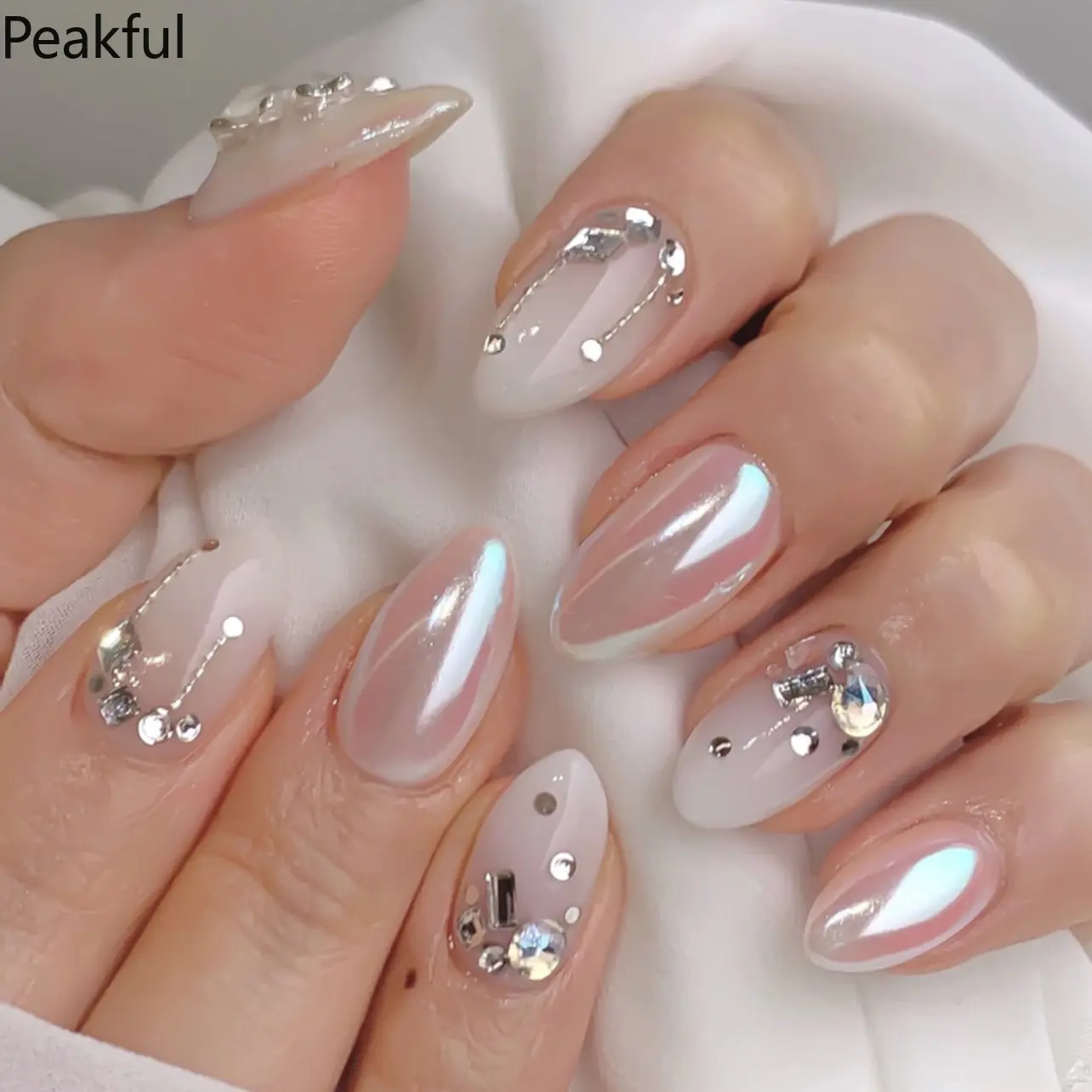 24Pcs Coated Almond French Gradient Press-On Nails, Sparkly Rhinestone Fake Nails with Glossy White Ombre Finish, Reusable Manicure Set for Women, Cross-Border Hot Sale for Daily, Parties & Gifts