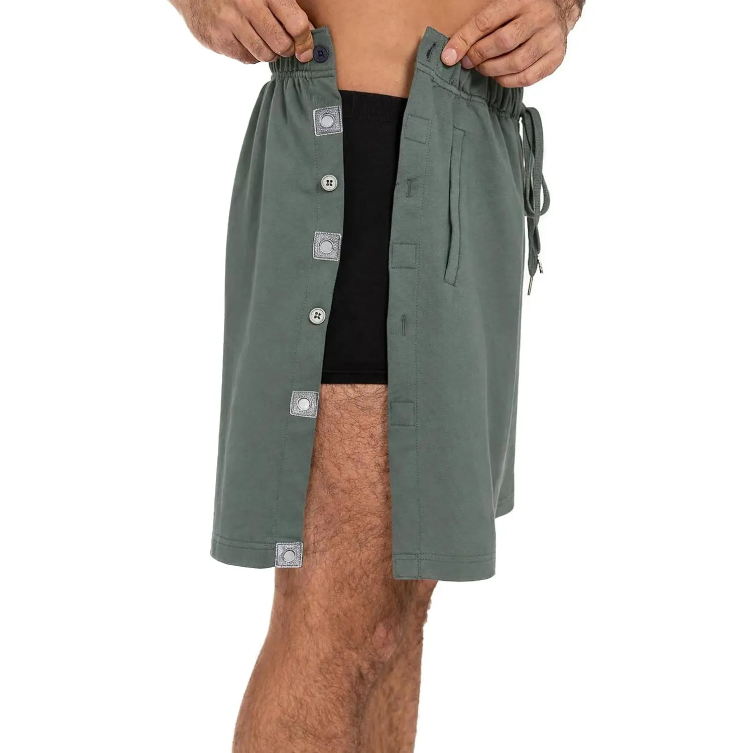 Men's Post Surgery Loose Fit Recovery Menswear Shorts - Elastic Magnetic Side Entry Tear-Away Breakaway Sweat Shorts with Pockets, Top Compatibility, Standard Sizes for Easy Dressing, Hospital