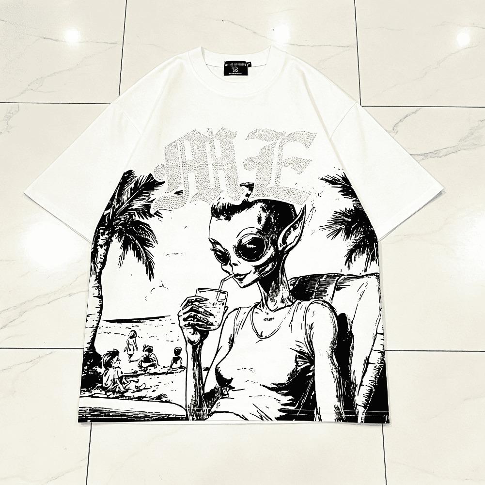 MIXED EMOTION Rhinestone Short Sleeve Black Mens Tshirts Streetwear Cotton Loose Round Neck Top Tees Oversized Unisex Y2K Graphic Casual Outdoor Summer Trendy Fashion