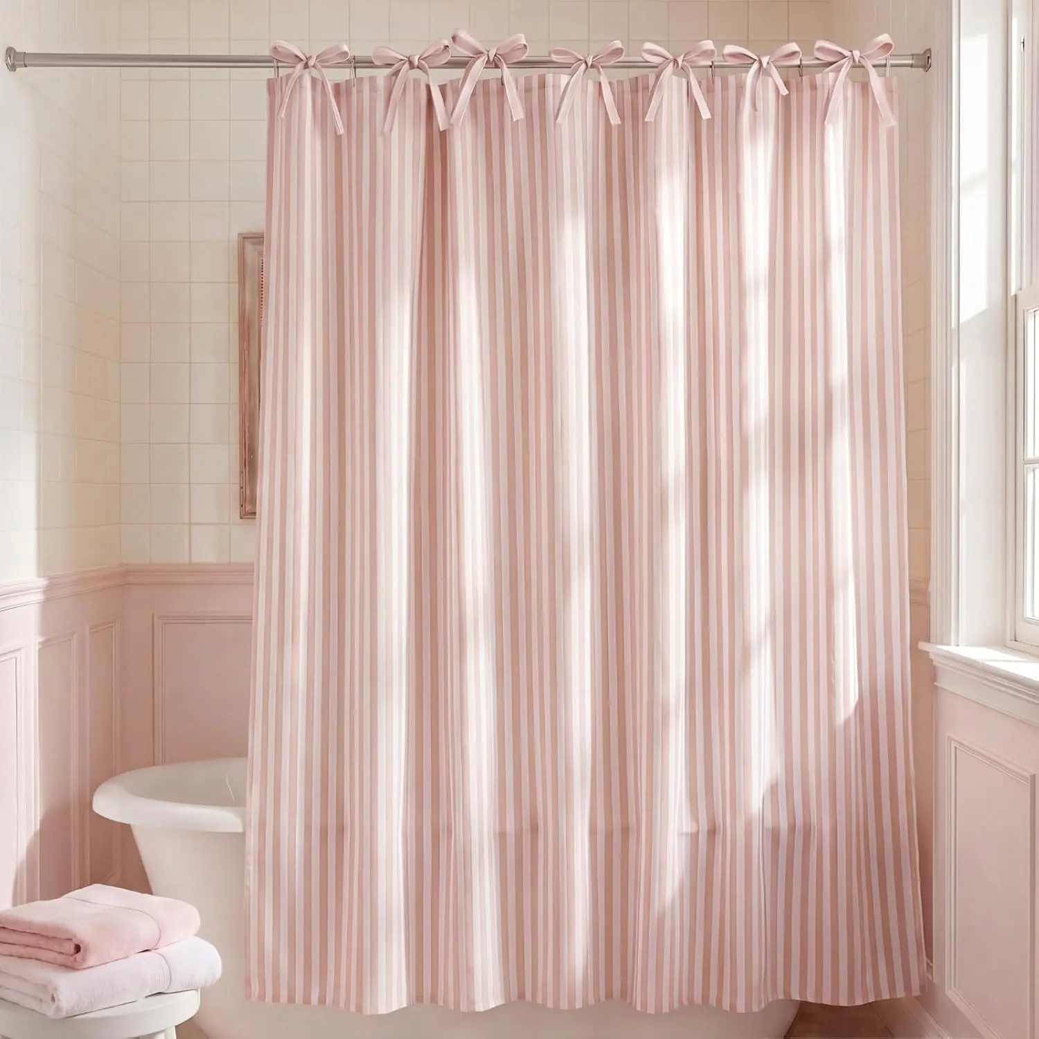Gilprop Pink Striped Shower Curtain Set for Bathroom Boho Decor Fabric Shower Curtain with Bow Tie and Hooks, 71" x 71"