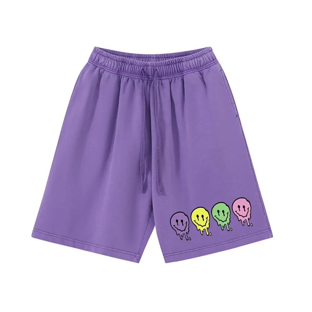 Unisex Melting Colorful Smiley Face Graphic Sweat Shorts Y2K Streetwear Drawstring Loose Casual Five Points Shorts Summer Washed Sports Shorts
