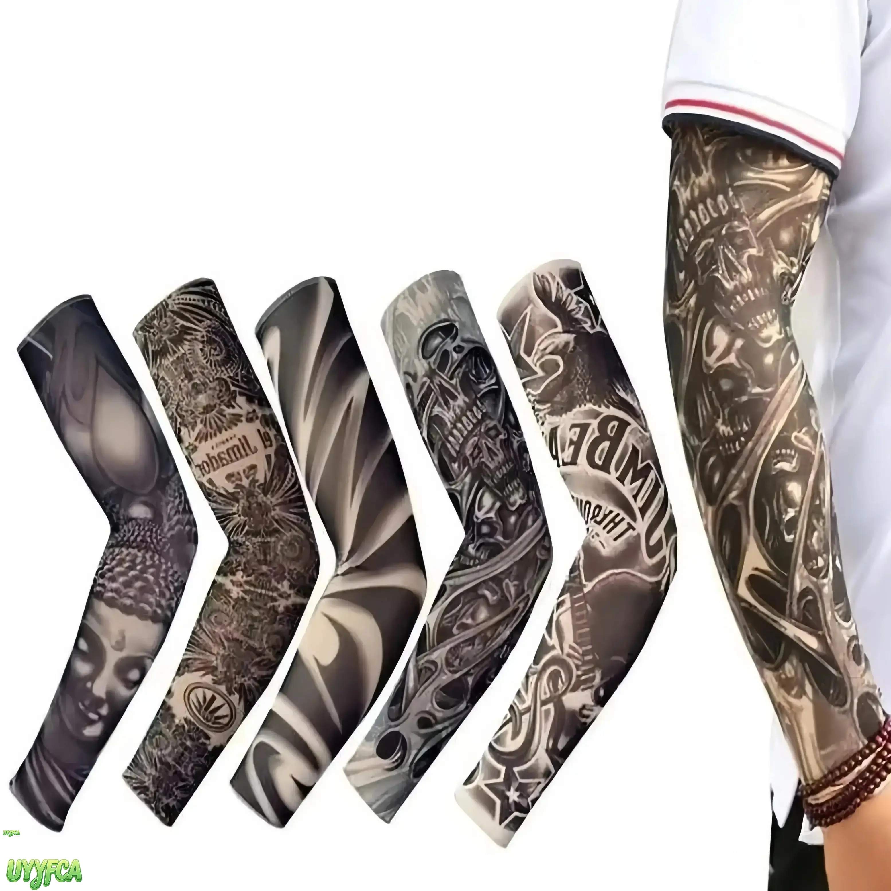 6 Pack Pack Printed Tattoo Cooling Arm Sleeves, Stretch Breathable UV Protection Compression Arm Covers, Lightweight Full Arm Sun Block Guards With Vintage Skull Floral Print, Flexible Arm Cover For Cycling Driving Fishing Outdoor Sports Daily