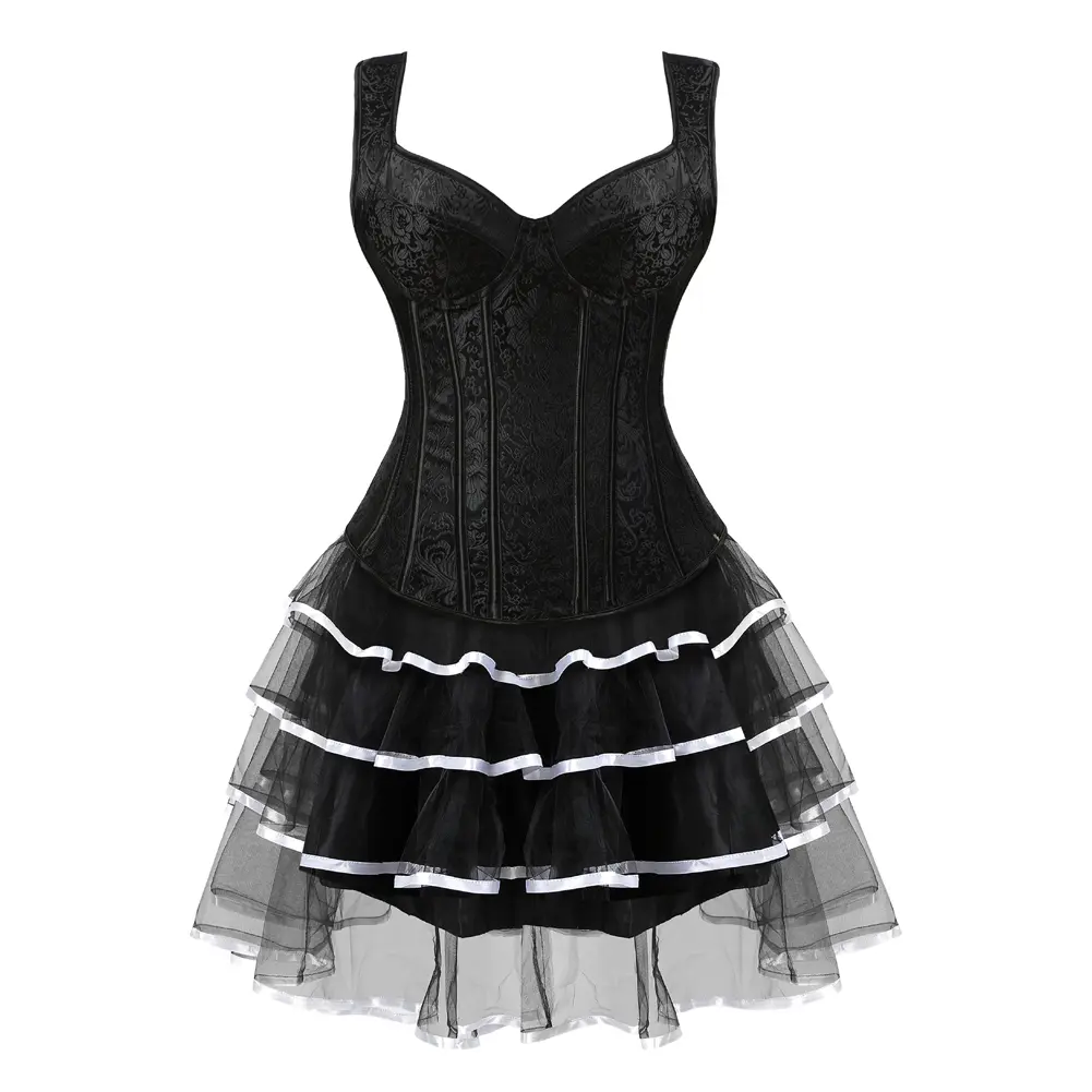 Women's Renaissance Corset Dress - Halter Neck, Cropped Floral Jacquard Lace, Short Length Witch Pirate Cosplay Costume with Tutu Skirt, Zipper, Plus Size Body Shaper for Halloween Medieval Victorian Vintage Elegant Black Blue Casual