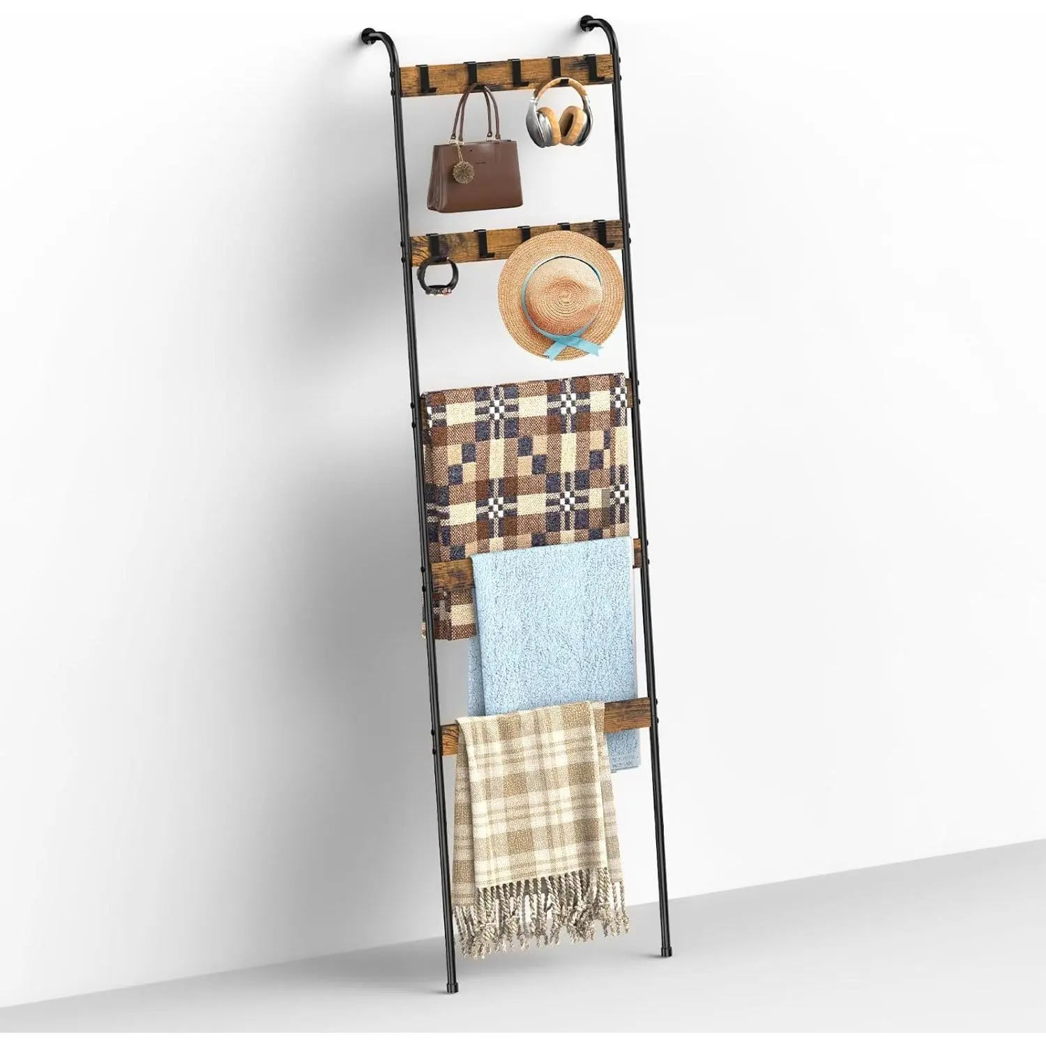 Rustic Brown Wall-Leaning Blanket Ladder - 5-Tier Decorative Felt Ladder with 10 Removable Smooth Hooks, Easy Installation, Farmhouse Home Decor for Living Room, Bathroom Towel Hanging, Bedroom Quilt Display, Quilt Rack, Removable Hooks