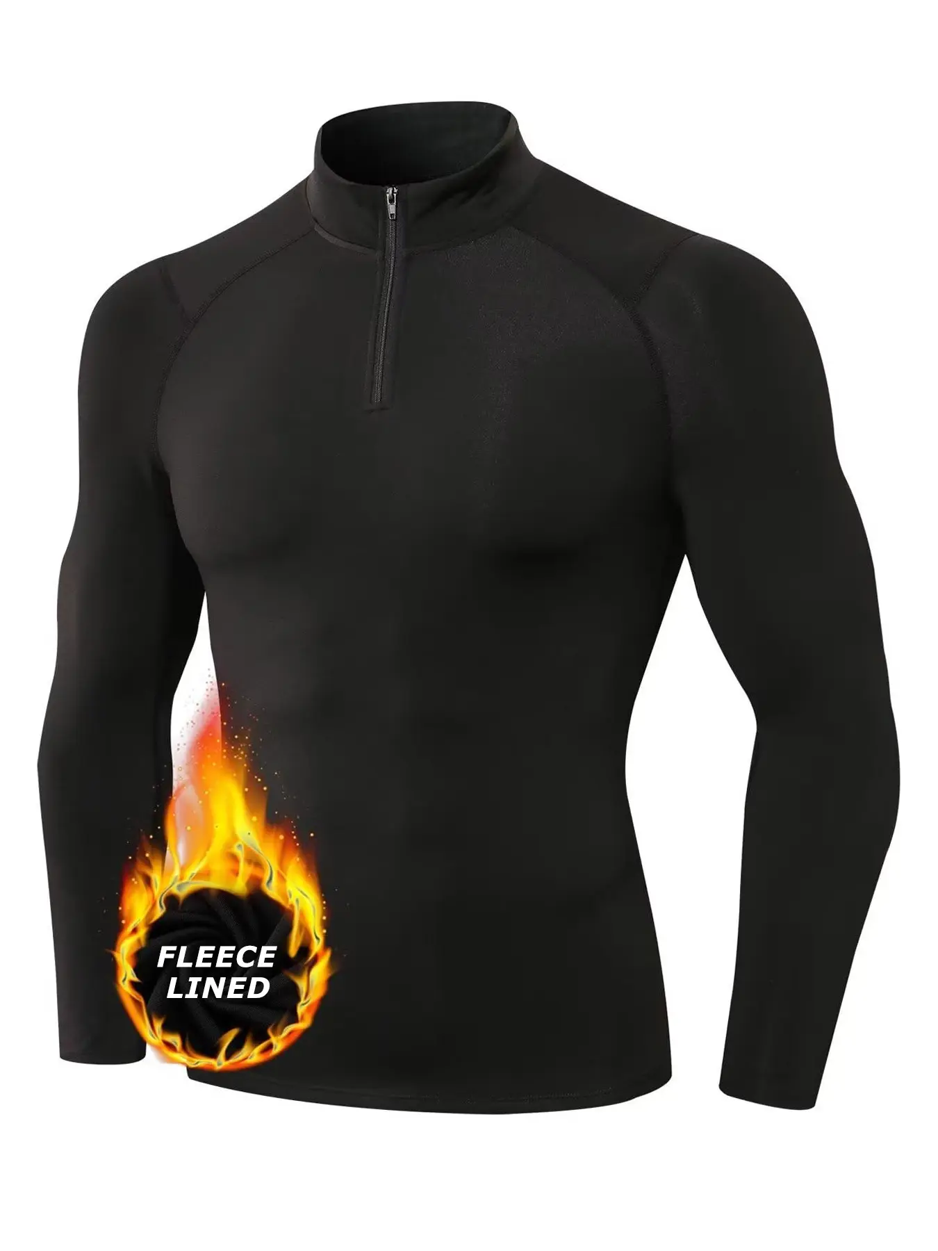 Men's Zippered Mock Neck Long Sleeve Compression Shirt, Fall Winter Fleece Lined Warm Sports Baselayers Undershirt Top, Tight Fit Raglan Sleeve T-Shirt Tee, Gym Workout Training Running Sportswear