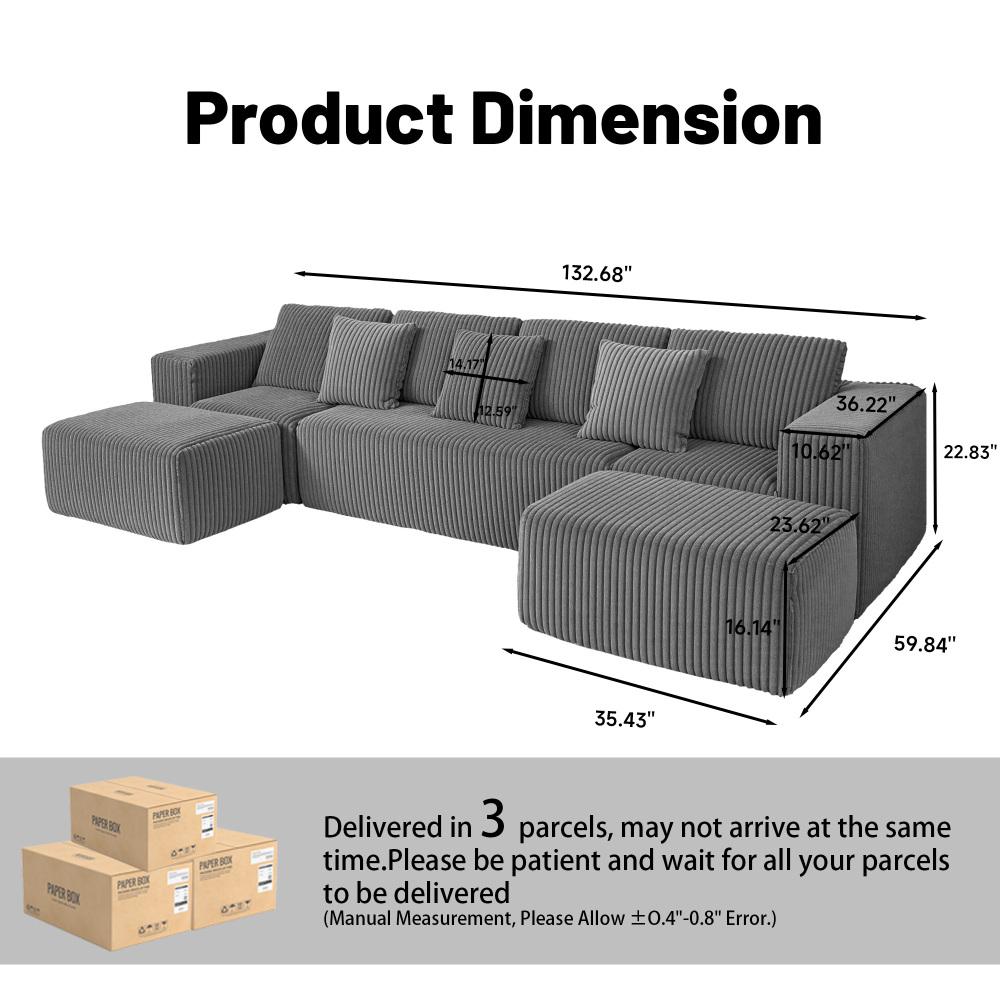 132-inch Modular U-Shaped Sectional Sofa, Comfy 4-Seater Cloud Couches with Chaise Lounge, Boneless Couch Sofa Seat with Striped Corduroy Fabric for Living Room or Bedroom Couch Set, No Assembly Required Sectionals