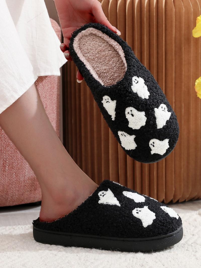 Women's Cute Cartoon Ghost Pattern Plush Slippers, Warm Casual Soft Comfortable Home Slippers, Warm Slippers for Indoor & Outdoor Use for All Seasons