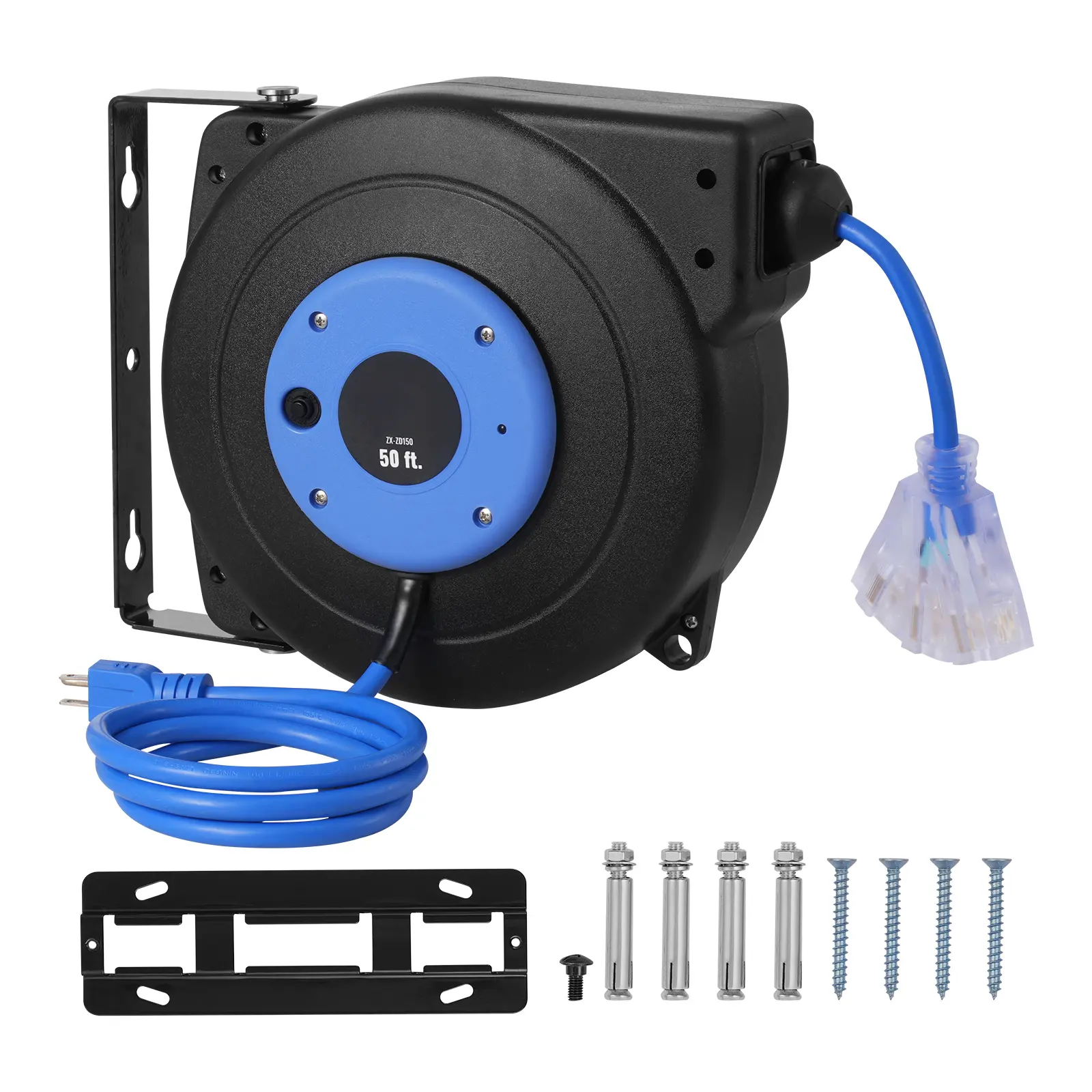 Retractable Extension Cord Reel, 50 FT, Heavy Duty 14AWG/3C SJTOW Retractable Power Cord with Lighted Triple Tap Outlet, 13 Amp Circuit Breaker 180° Swivel Bracket for Ceiling or Wall Mount