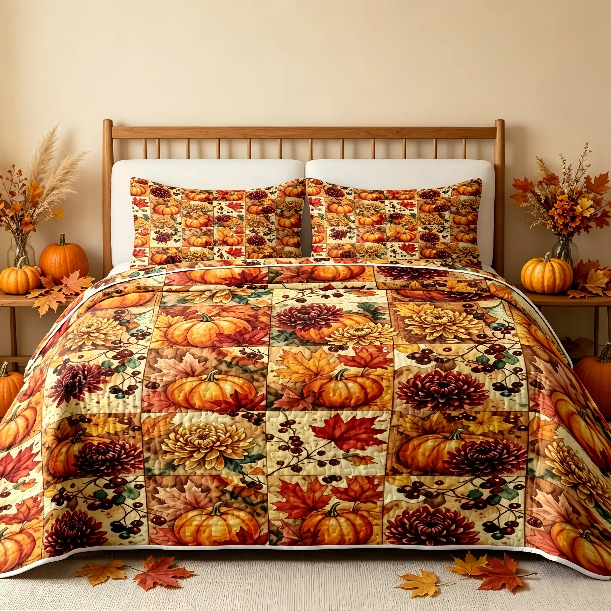 3-Piece Autumn Pumpkin Printed Bedding Set, Quilt Set, Soft, Lightweight, and Machine-Washable Reversible Quilt, Patchwork Print Bedding Set, Includes 1 Quilt + 2 Pillowcases, All-Season Quilt, Suitable for Bedrooms and Guest Rooms, Fall Home Decor