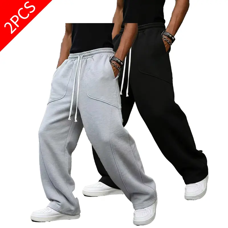Male 2-Pairs Full-Length Athleisure Plain Jogger Pants - Elastic Waistband, Panel Design, Drawstring, Pockets, Easy Loose Fit Streetwear Bottoms, Sporty Chic Set, Grey Sweatpants, Athleisure Gym Clothes, TikTok Shop Back to School