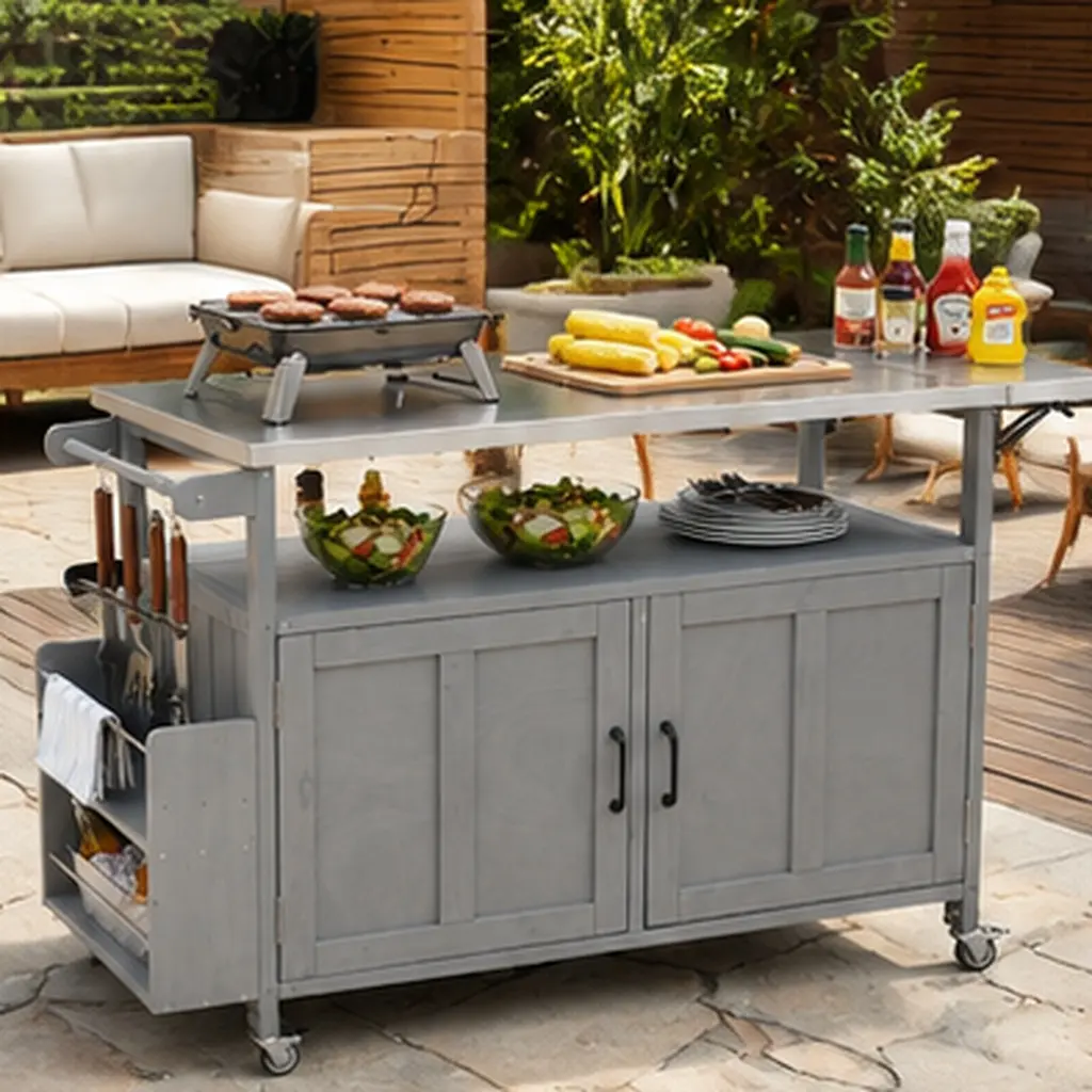 ARCH Foldable Wood + Stainless Steel Outdoor Kitchen Storage Cabinet Cart (Single Unit) - American Style Lock Wheels, Fir Wood Frame, Rectangular Stainless Steel Top, Garden Multi-Compartment Furniture, Towel Rack, Adjustable Shelf for Patio BBQ, Grey, Mu