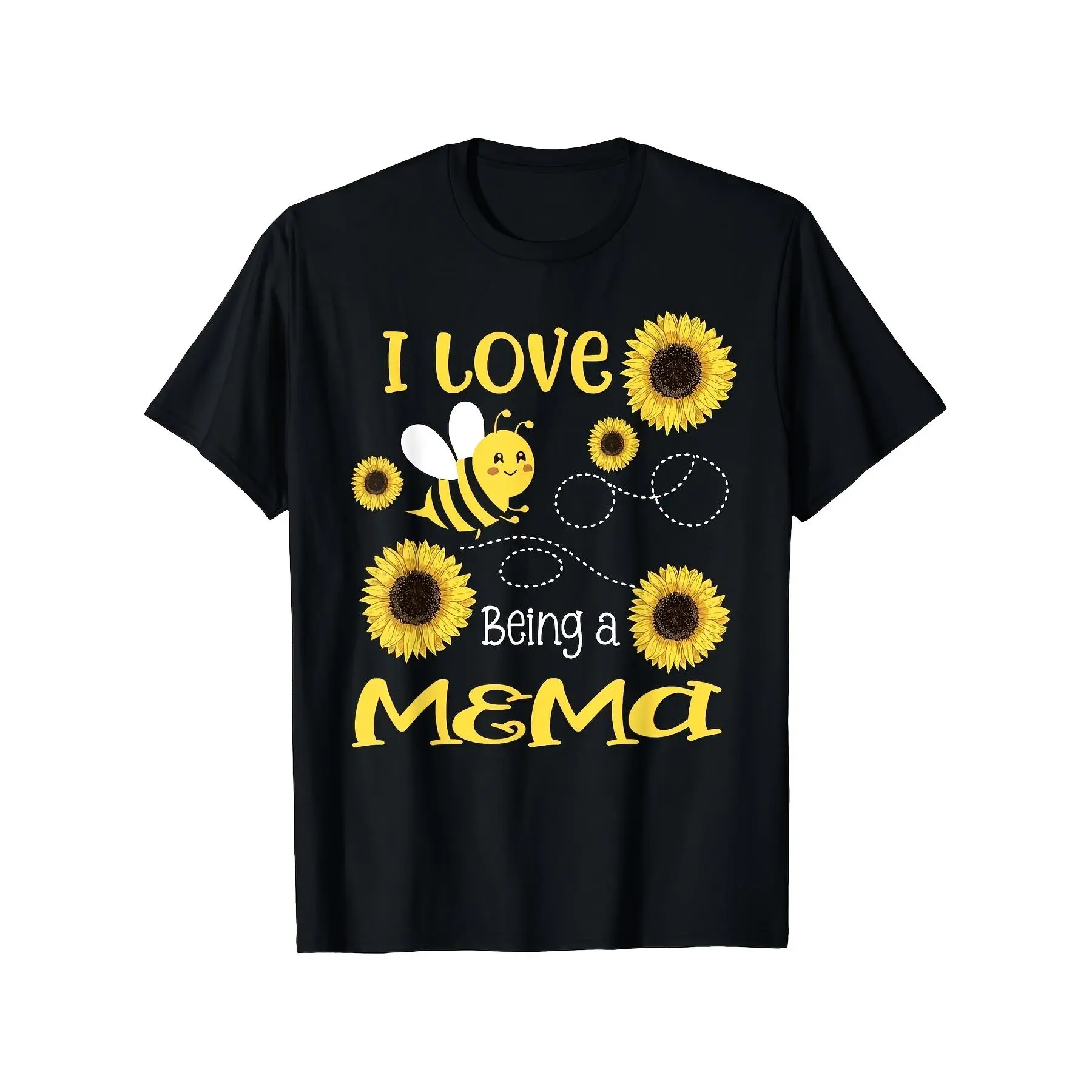 Men's Black T Shirt, I Love Being A Mema Sunflower & Bee Beehive Print Bumblebee, Family Humor Graphic Tee, Retro Letter Style, Short Sleeve Crew Neck Top for Birthdays, Gatherings and Gift Giving