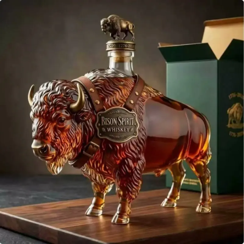 Hand Blown Borosilicate Glass Bison Whiskey Bottle 350ML, Cool Decor for Bars, Luxury Gift Idea, Unique Shape Whiskey Bottle Design