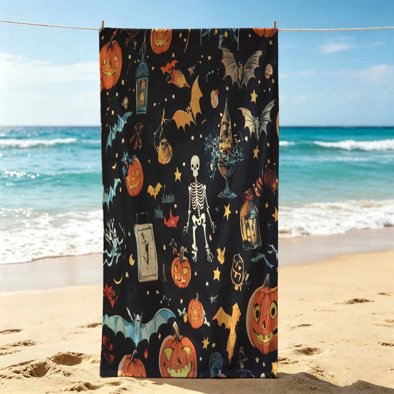 Retro Halloween Pumpkin Ghost POD Digital Print Beach Towel, Quick Dry Absorbent Pool Towel For Outdoor Trips, Multi-Purpose Camping Towel For Picnics, Oversized Bath Towel Blanket, Fun Seasonal Accessory For Holiday Lovers