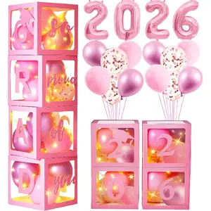 2026 Pink Graduation Decor Kit with 4 Balloon Boxes, Alphabet Letter Panels 2026 Number Balloons & LED Fairy Lights, All-in-One Grad Party Backdrop Decorations, Elegant Pink Grad Supplies for Senior Graduation Ceremony Birthday Celebration Home Photo Back