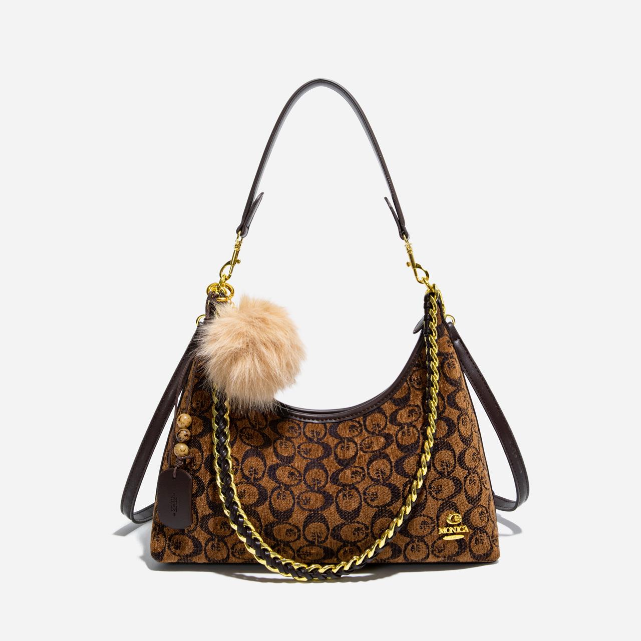 Monica KiKi Chenille coffee color Niche Tote Bag for Women, New High-End Elegant Letter Shoulder Bag, Fashionable Crossbody Bag