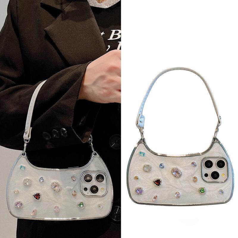 [Free !ship] ( Hand Lanyard ) Glitter Bling Diamond & Heart Sparkle Case for iPhone 17 Pro Max 16 15 14 13 Pro Max for Women Girls Crystal Wristband Bracelet Shockproof Cute Pretty Love Luxurious 3D Rhinestone Decorate Silicone Soft Shell Back Cover