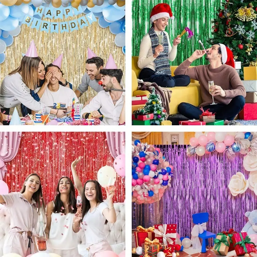 2 Pack Foil Curtain Backdrop, Metallic Tinsel Foil Fringe Curtains, Photo Booth Props for Parties, Weddings, Holidays, Celebrations
