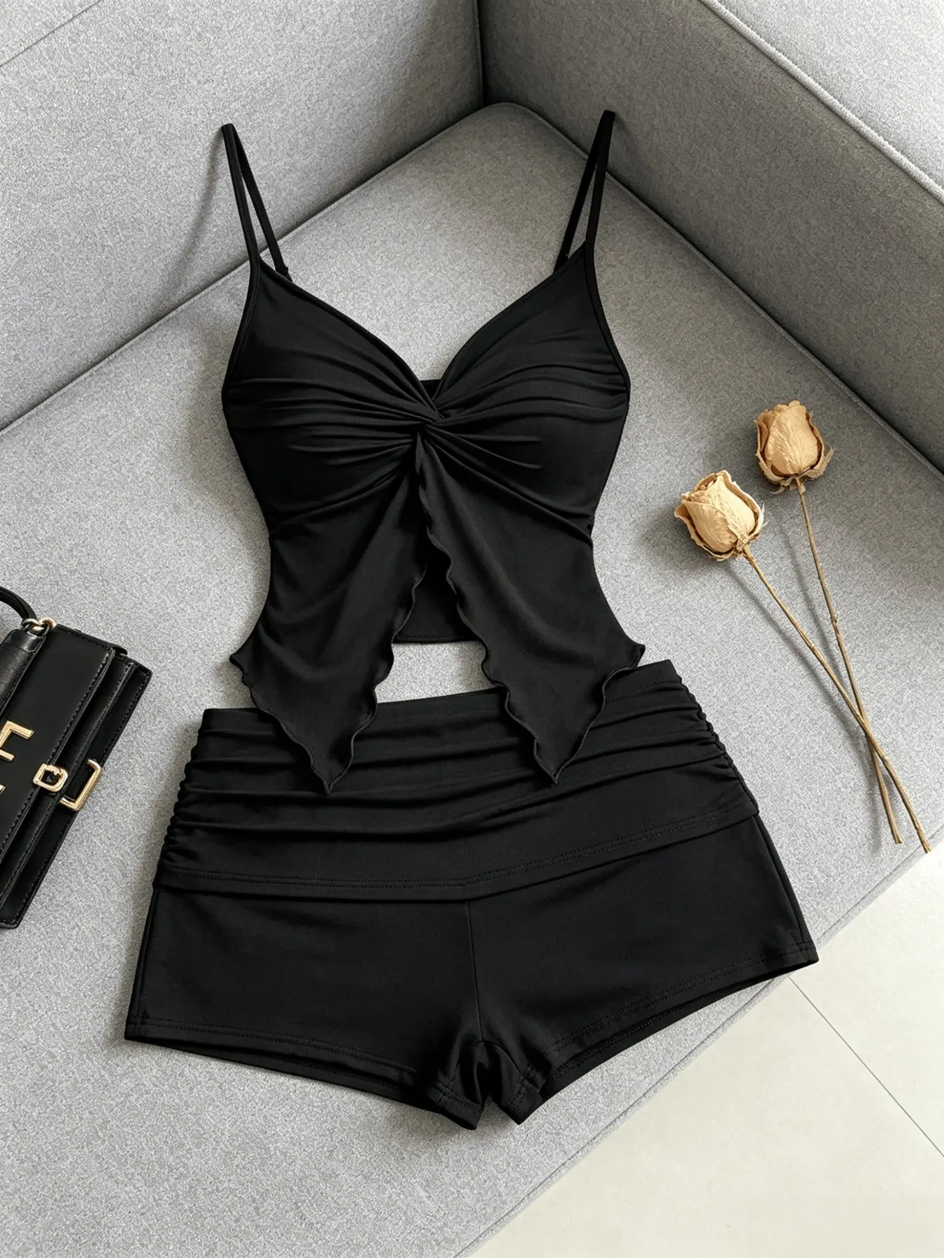Elegant Aesthetic Fitted Everyday Suit Set, Plain Pattern, Thin Strap Front Knot Hollow Out Halter Top, Waist Cinch Blouse, Pleated Shorts Two-Piece Set, Bottom
