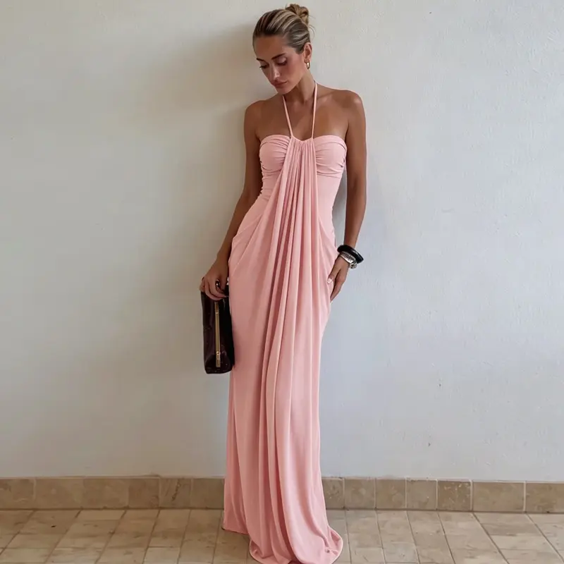 Women's Halter Ruched Maxi Dress, Sleeveless Flowy Draped Long Dress, Casual Loose Summer Beach Cover Up for Vacation, Party and Daily Wear