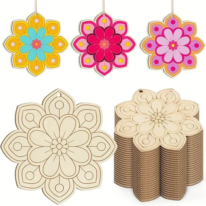 Original Wood Color Mandala Flower Blank Hanging Decor, Unpainted Wooden Graffiti Slice, Hand-Painted Home Window Decoration Pendant