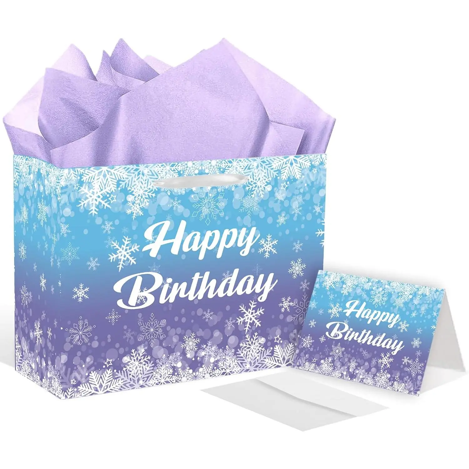 Large Snowflake Birthday  Bag with Card and Tissue Paper Blue and  Snowflake  Wrap Winter Birthday Bag Party Supplies for Girls Family Christmas Party Decorations