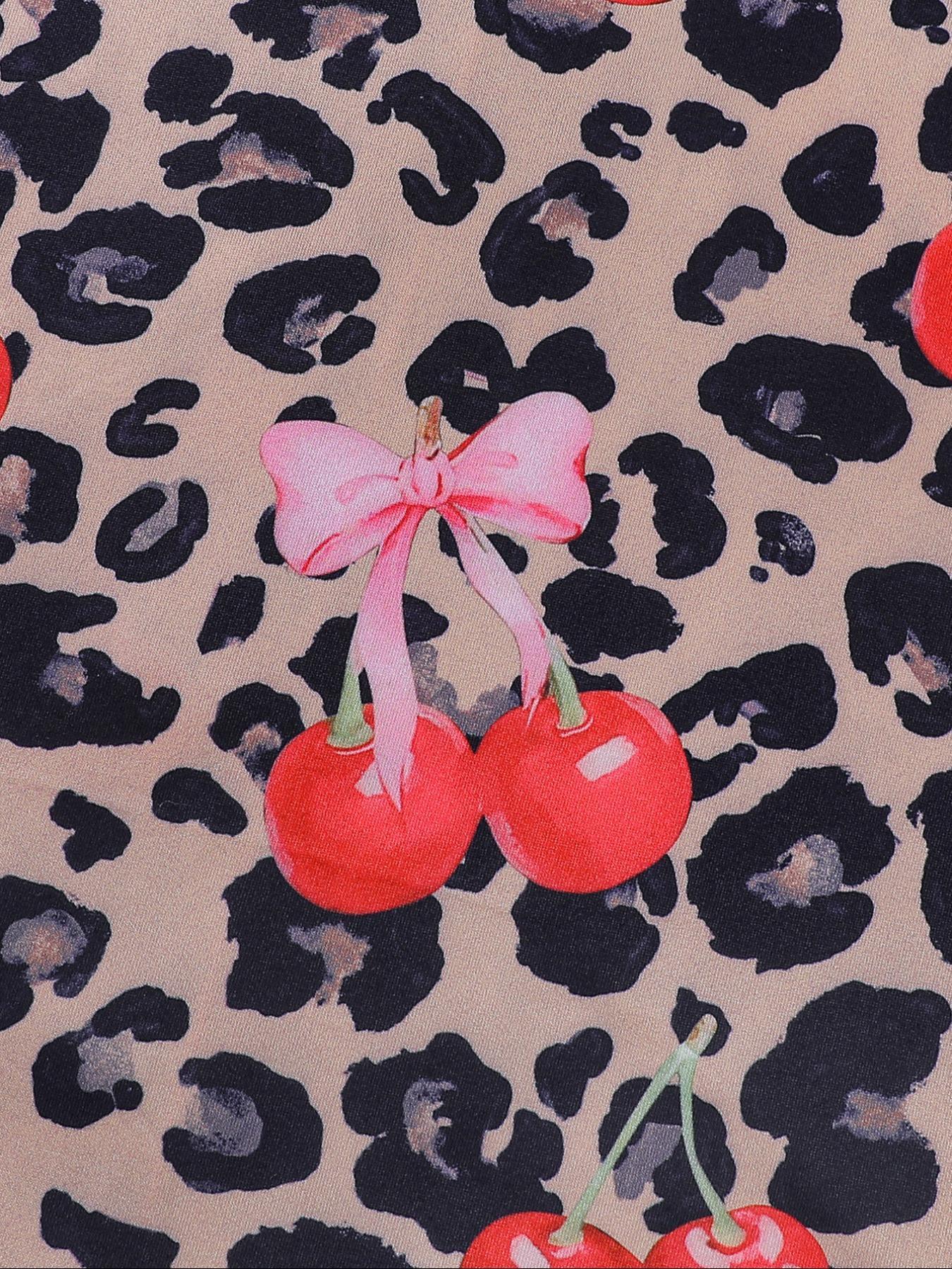 【Pink cherry】Women's Leopard Print Cherry Bow Sleepwear Set, Short Sleeve Button Front Top & Elastic Shorts, Casual Home Wear, Party