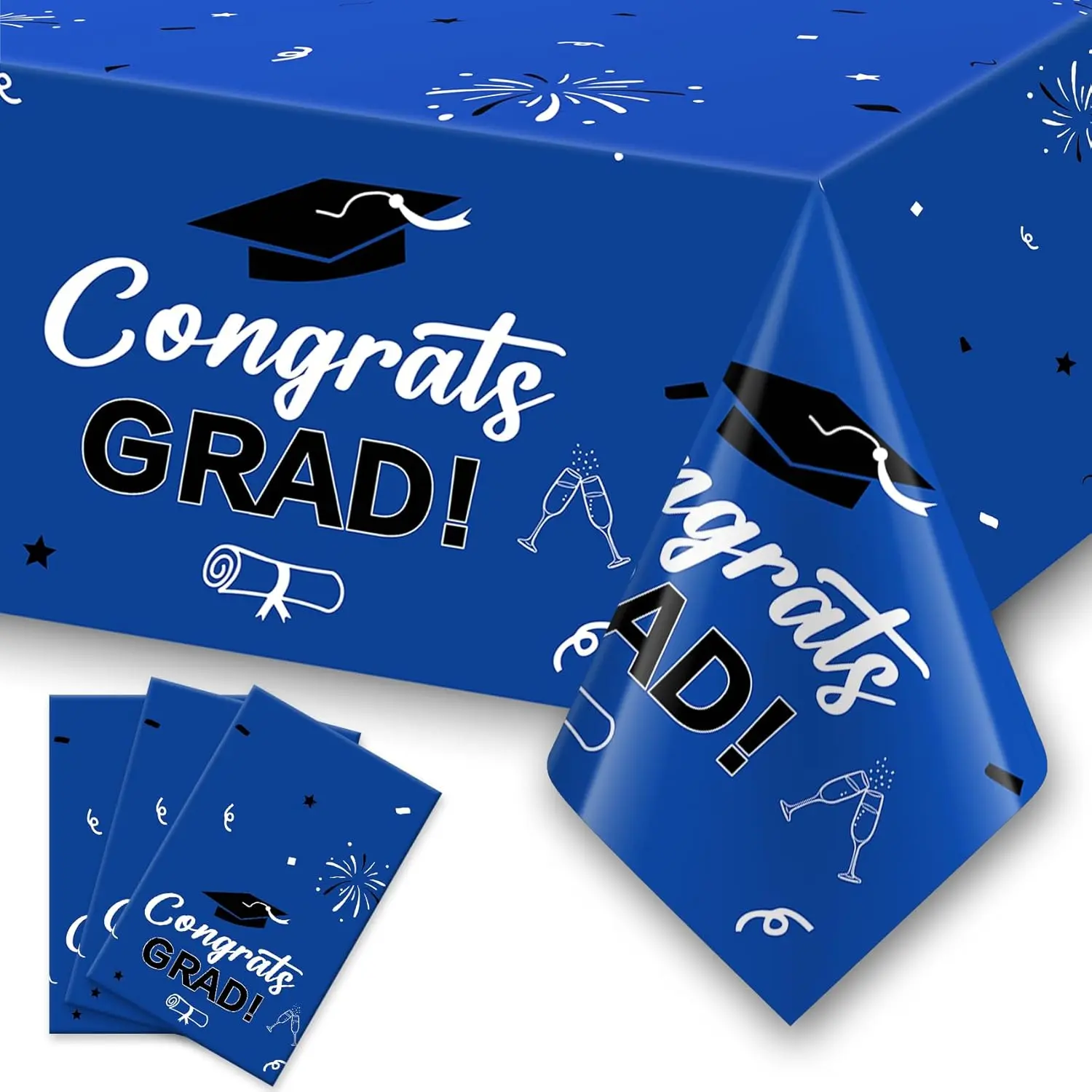 3 Pack Blue Graduation Party Tablecloths, 54 x 108 Inch Disposable Plastic Decorations for Class of 2026 Congrats Grad Celebration, Party Supplies